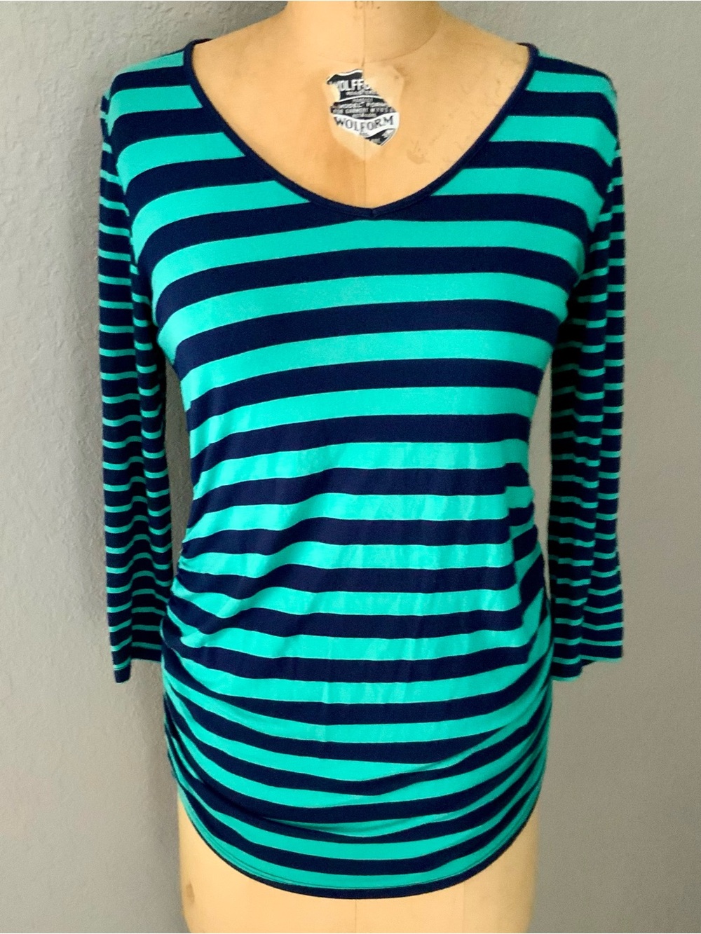 Jessica Simpson Teal & Navy Striped V-Neck Long Sleeve Top, Maternity, Medium